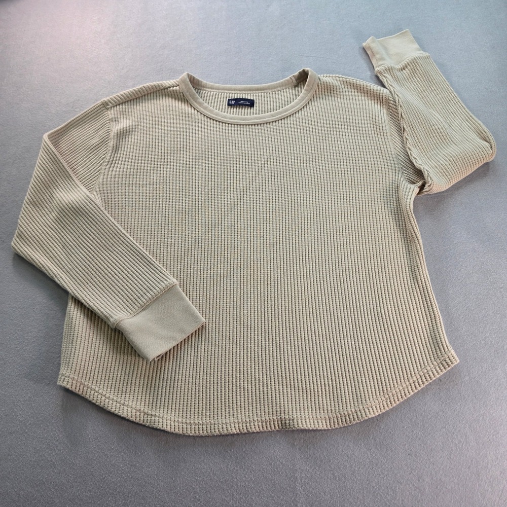 GAP Womens Beige Waffle Knit Thermal Long Sleeve Crewneck Top Tan Medium
